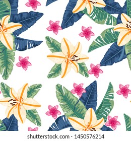 seamless pattern tropical flowers, vector , flowers on white background