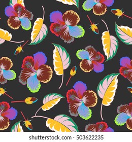 Seamless pattern of tropical flowers. Vector illustration on gray background. Hibiscus pattern.