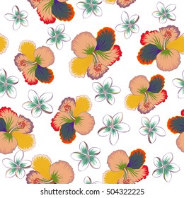 Seamless pattern of tropical flowers. Vector illustration on white background. Hibiscus pattern.
