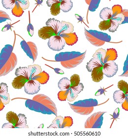 Seamless pattern of tropical flowers. Vector illustration on white background. Hibiscus pattern.