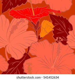 Seamless pattern of tropical flowers. Vector illustration on orange background. Multicolored hibiscus pattern.