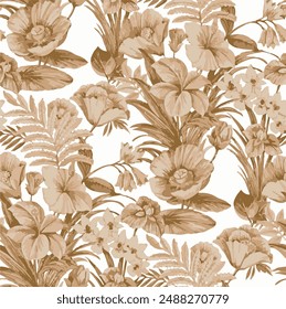 Seamless pattern with tropical flowers in watercolor style