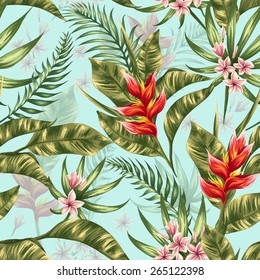 Seamless pattern with tropical flowers in watercolor style