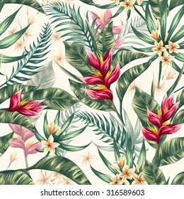 Seamless pattern with tropical flowers in watercolor style