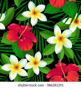 Seamless pattern with tropical flowers in watercolor style