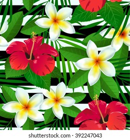 Seamless pattern with tropical flowers in watercolor style