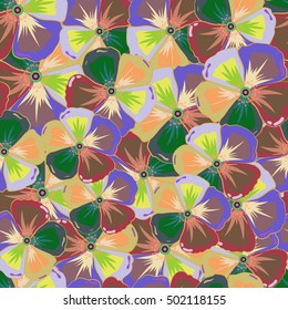 Seamless pattern with tropical flowers in watercolor style. Abstract vector floral multicolored background.