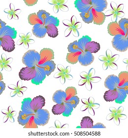 Seamless pattern with tropical flowers in watercolor style. Vector plumeria and hibiscus pattern on a white background.