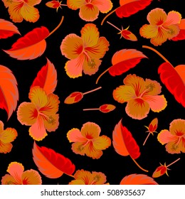 Seamless pattern with tropical flowers in watercolor style. Vector hibiscus in red colors on a black background.