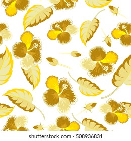 Seamless pattern with tropical flowers in watercolor style. Vector hibiscus in yellow colors on a white background.