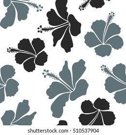 Seamless pattern with tropical flowers in watercolor style. Vector hibiscus in gray colors on a white background.
