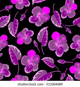 Seamless pattern with tropical flowers in watercolor style. Vector hibiscus in violet colors on a black background.