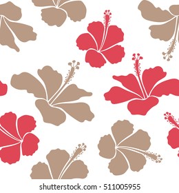 Seamless pattern with tropical flowers in watercolor style. Vector hibiscus in gray and red colors on a white background.