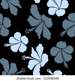 Seamless pattern with tropical flowers in watercolor style. Vector hibiscus in gray colors on a black background.