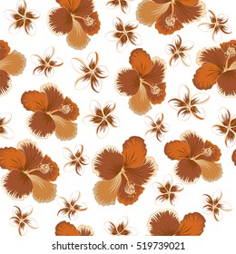 Seamless pattern with tropical flowers in watercolor style. Vector hibiscus in brown, orange and beige colors on a white background.