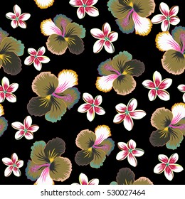 Seamless pattern with tropical flowers in watercolor style. Vector hibiscus in green, yellow and neutral colors on a black background.