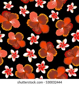 Seamless pattern with tropical flowers in watercolor style. Vector hibiscus in brown, orange and red colors on a black background.