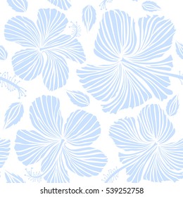 Seamless pattern with tropical flowers in watercolor style. Vector hibiscus in neutral colors on a white background.