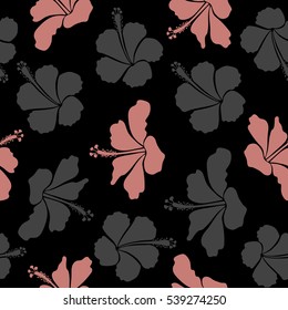 Seamless pattern with tropical flowers in watercolor style. Vector hibiscus in pink and gray colors on a black background.
