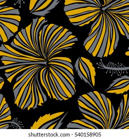 Seamless pattern with tropical flowers in watercolor style. Vector hibiscus in gray and yellow colors on a black background.