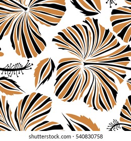 Seamless pattern with tropical flowers in watercolor style. Vector hibiscus in black and orange colors on a white background.