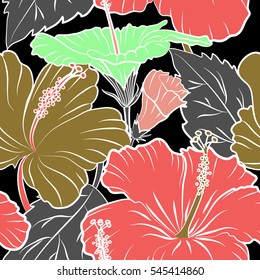 Seamless pattern with tropical flowers in watercolor style. Vector hibiscus in green and pink colors on a black background.