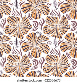 Seamless pattern with tropical flowers in watercolor style. Vector hibiscus in orange, purple and pink colors on a white background.
