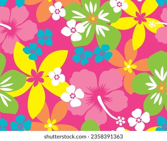 Seamless pattern of tropical flowers with yellow, orange, blue, green and white flowers, pink hibiscus flowers on a pink background