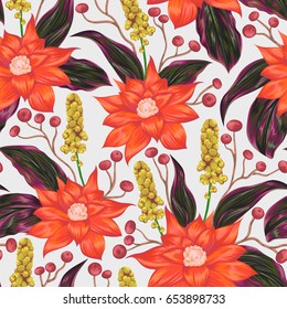 Seamless pattern with tropical flowers,berries and leaves. Exotic floral botanical background. Vintage hand drawn vector illustration in watercolor style