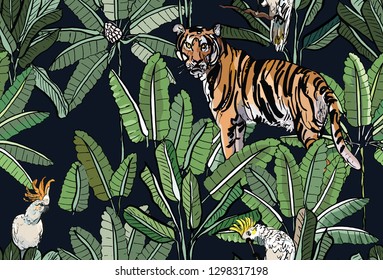 Seamless Pattern Tropical Forest Exotic Wild Life Animal Tiger with Parrot Birds in Jungle at Night on Dark Background