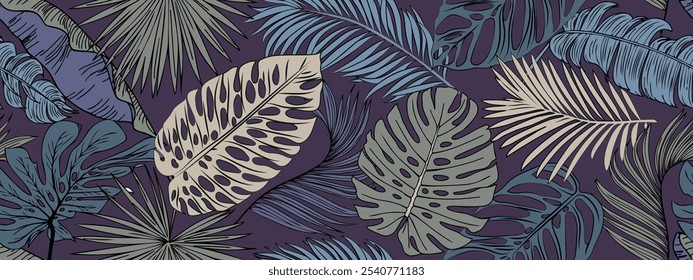 Padrão contínuo com floresta tropical. Fundo floral com flores exóticas e folhas, planta Monstera, padrão linear plantas da selva no fundo da moda. Ilustração vetorial.