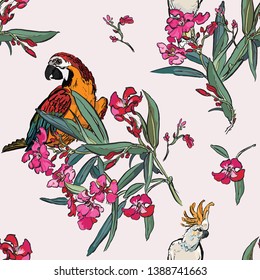 Seamless Pattern Tropical Forest Jungle Plants Blooming Trees Pink Flowers in Spring Garden Wildlife Exotic Birds Cockatoo Parrots in Flowers Floral Illustration Coloful Hand Drawn Graphic