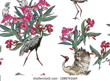 Seamless Pattern Tropical Forest Jungle Plants Blooming Trees Pink Flowers in Spring Garden Wildlife Exotic Birds Cranes in Summer Hawaiian Design Colorful Illustration Love Couple