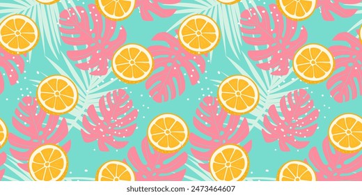 Seamless pattern with Tropical fresh oranges fruits illustration. Design for cosmetics, spa, juice, health care products, perfume, paper, cover, fabric, interior decor. Trendy background.