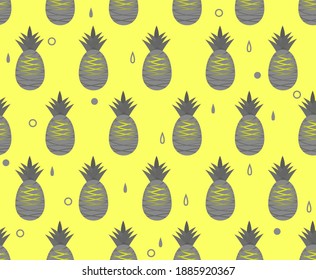 Seamless pattern of tropical fresh pineapples of gray and yellow color on gold background with decor. Vector illustration for textile, packaging.