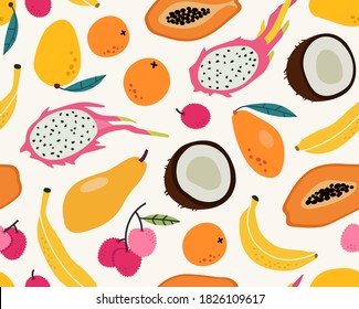 Seamless pattern of tropical fruit background elements. Hand-drawn fruit doodles. The tropical pattern of banana, coconut, dragon fruit, papaya, mango, orange, and lychee.