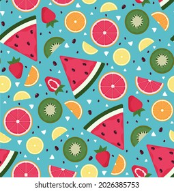 Seamless pattern with tropical fruit Bright sliced fruits.