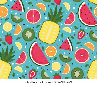 Seamless pattern with tropical fruit Bright sliced fruits. 