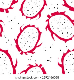 Seamless pattern with tropical fruit - dragon fruit and seeds. . Bright simple style. Backdrop with sweet food. 