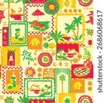 Seamless pattern with Tropical fruit lemon, kiwi, strawberries and mint leaves for textile, wrapping paper, fabrics, wallpapers and prints. Tropical patchwork seamless pattern. Summer vector