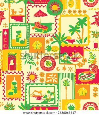 Seamless pattern with Tropical fruit lemon, kiwi, strawberries and mint leaves for textile, wrapping paper, fabrics, wallpapers and prints. Tropical patchwork seamless pattern. Summer vector