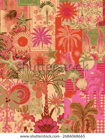 Seamless pattern with Tropical fruit lemon, kiwi, strawberries and mint leaves for textile, wrapping paper, fabrics, wallpapers and prints. Tropical patchwork seamless pattern. Summer vector