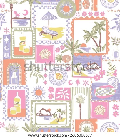 Seamless pattern with Tropical fruit lemon, kiwi, strawberries and mint leaves for textile, wrapping paper, fabrics, wallpapers and prints. Tropical patchwork seamless pattern. Summer vector