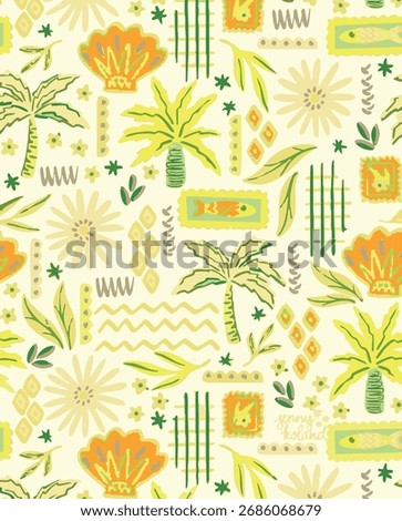 Seamless pattern with Tropical fruit lemon, kiwi, strawberries and mint leaves for textile, wrapping paper, fabrics, wallpapers and prints. Tropical patchwork seamless pattern. Summer vector
