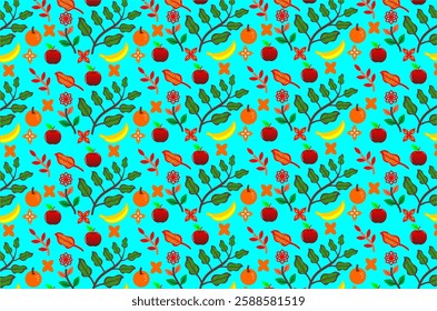 Seamless pattern with tropical fruit motifs such as apples, bananas and oranges, decorated with green leaves and red flowers. Perfect for fabric, wallpaper, packaging or digital backgrounds.