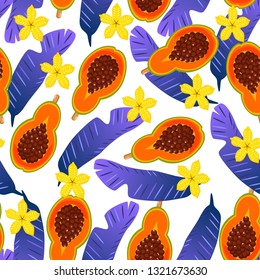 seamless pattern, tropical fruit and palm leaves vector