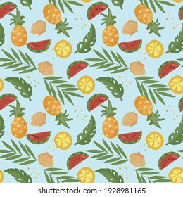 Seamless pattern with tropical fruit and palm leaves. Watermelon and orange slices, pineapple. Vector illustration for wrapping paper, textile design.