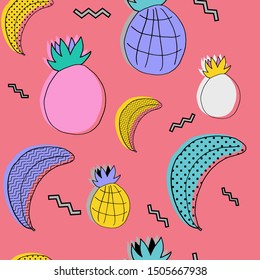Seamless pattern tropical fruit, pineapple, banana and memphis element, fashionable bright colors. Pink, blue, yellow modern design,. for fabric, textile, Wallpaper, packaging, fashion. Vector