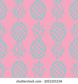 Patrón sin foco, fruta tropical piña azul rosado, lindo patrón de repetición. Diseño de fondo veraniego para tela, impresión textil, papel envolvente, cubierta, web, impresión, diseño textil