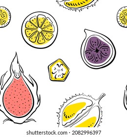 Nahtloses Muster mit tropischen Obstscheiben im bunten, skizzenhaften Stil der schwarzen Linie einzeln auf weißem Hintergrund. Doodle, handgezeichnet, Vektorgrafik